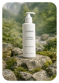 Hydrating cleanser displayed on mossy rocks outdoors