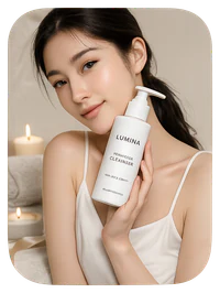 Model holding the hydrating cleanser in a beauty campaign image