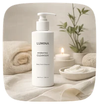 Hydrating cleanser arranged with towels and cream