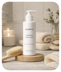 Hydrating cleanser in a calm bathroom product scene