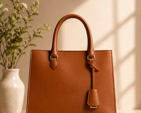 Brown leather handbag in a warm studio campaign