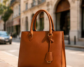 Brown leather handbag photographed on a city street
