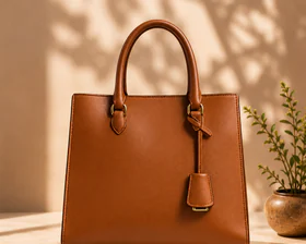 Brown leather handbag in a sunlit interior