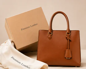 Brown leather handbag styled with premium packaging