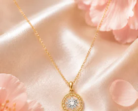 Gold pendant necklace on luminous satin