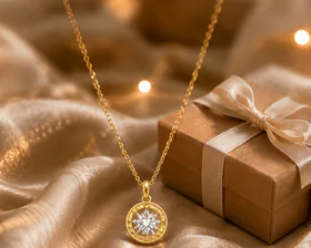 Gold pendant necklace in a premium gifting scene