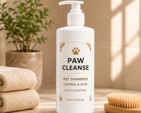 Pet cleanser bottle in a clean bathroom campaign