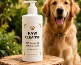 Pet cleanser bottle beside a golden retriever outdoors