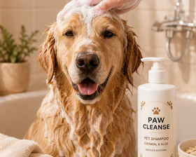 Golden retriever being washed beside the pet cleanser