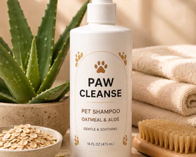 Pet cleanser bottle styled with natural bath ingredients